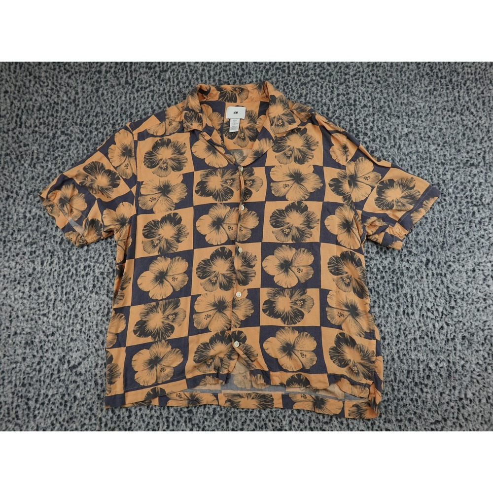 H&M Button Up Shirt Mens Large Orange Navy Checkered Hibiscus Floral 09640003